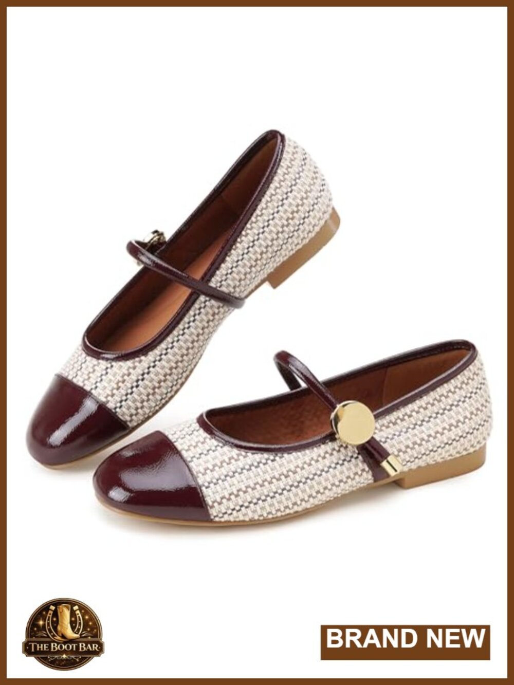 Women's Mary Jane Flats Two Tone Cap Toe Tweed Woven Ballet Flat with Strap